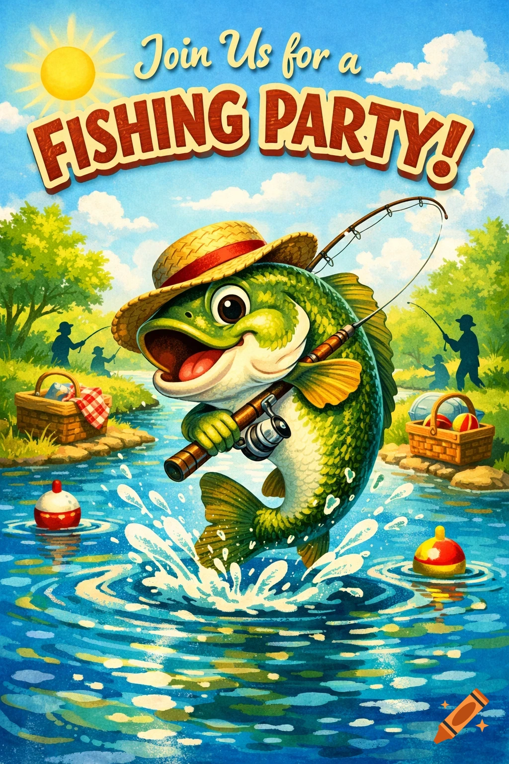 A vibrant cartoon fish in a straw hat holding a fishing rod jumps from water with text 'Join Us for a Fishing Party!' in a sunny river scene.