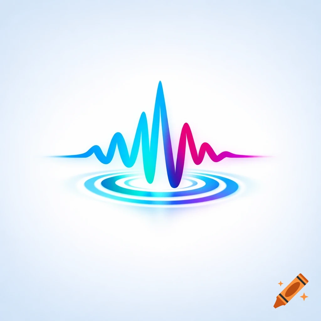 An abstract, colorful sound wave in blue, teal, and pink gradients rises from circular ripples on a white background.