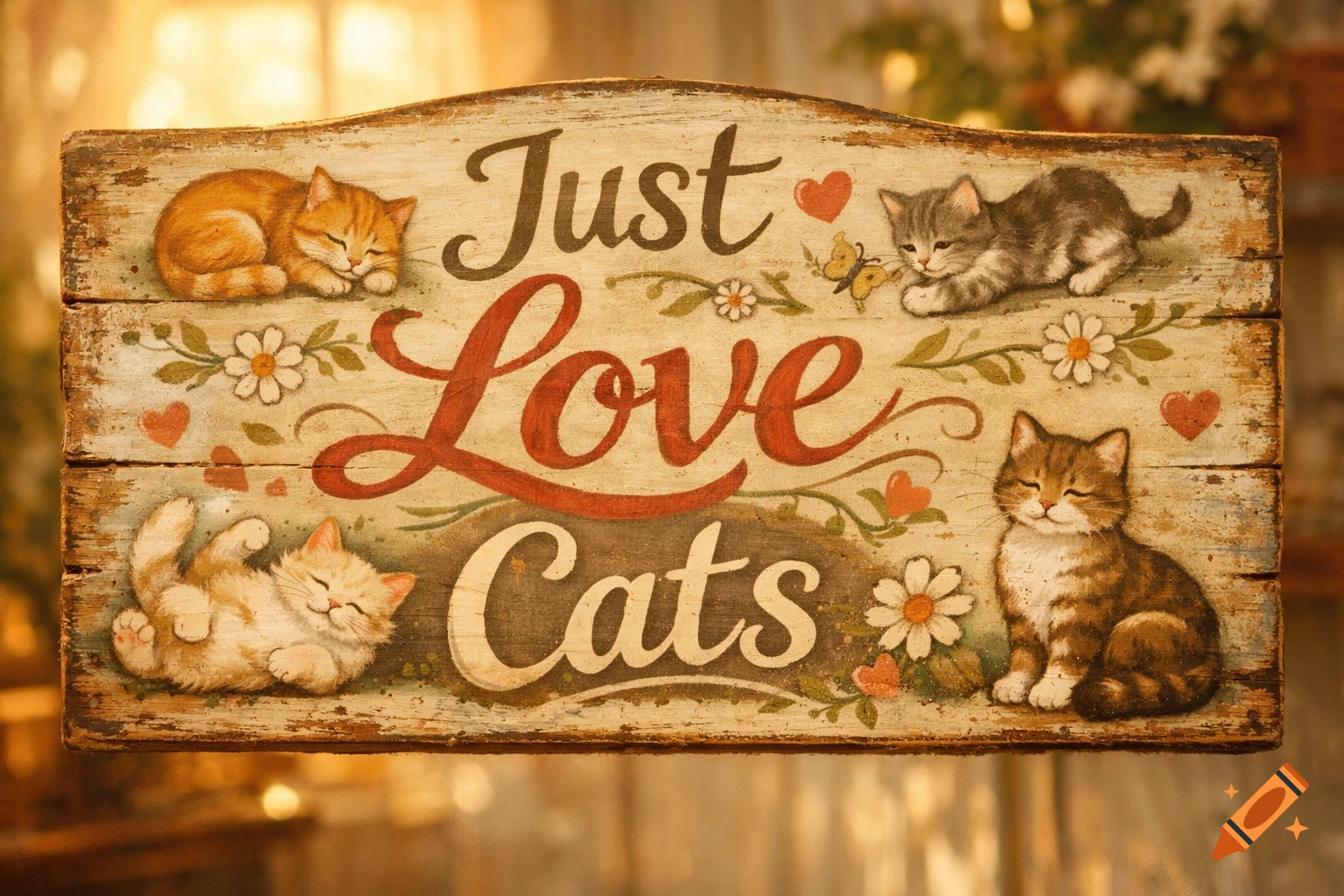 A rustic painted wooden sign reads "Just Love Cats", surrounded by charming illustrations of various kittens, white flowers, and red hearts.