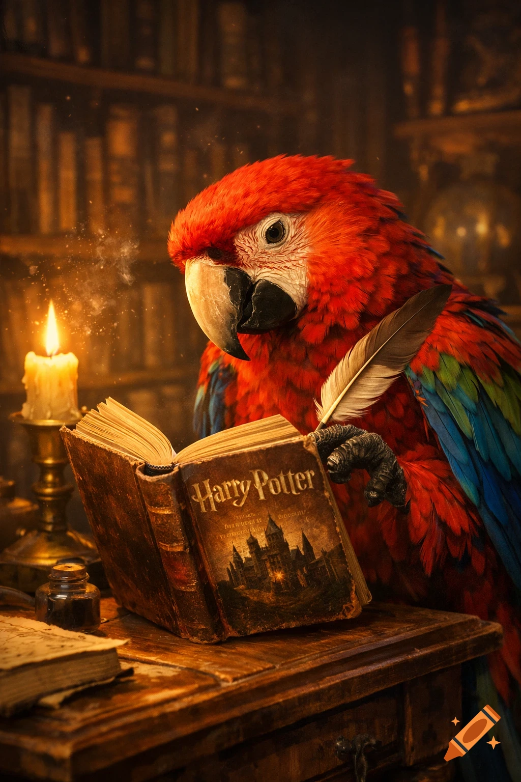 A vibrant red parrot with a quill in its claw reads an open Harry Potter book by candlelight on a wooden desk in a dimly lit library.