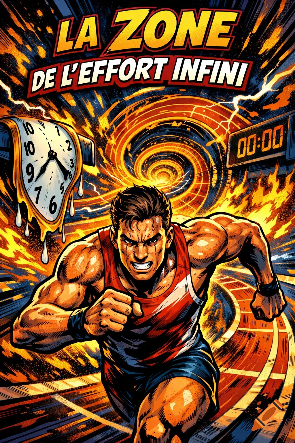 Comic book style illustration of a determined male runner amidst fiery energy, with a melting clock and digital timer reading 00:00.