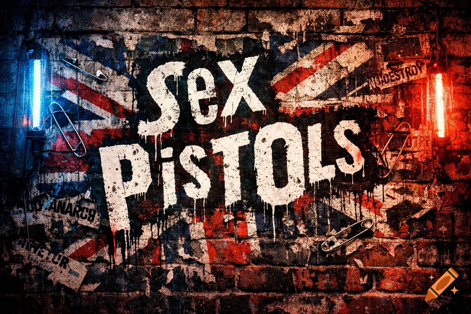 Grungy graffiti of 'SEX PISTOLS' on a brick wall with a Union Jack flag, safety pins, and neon lights.