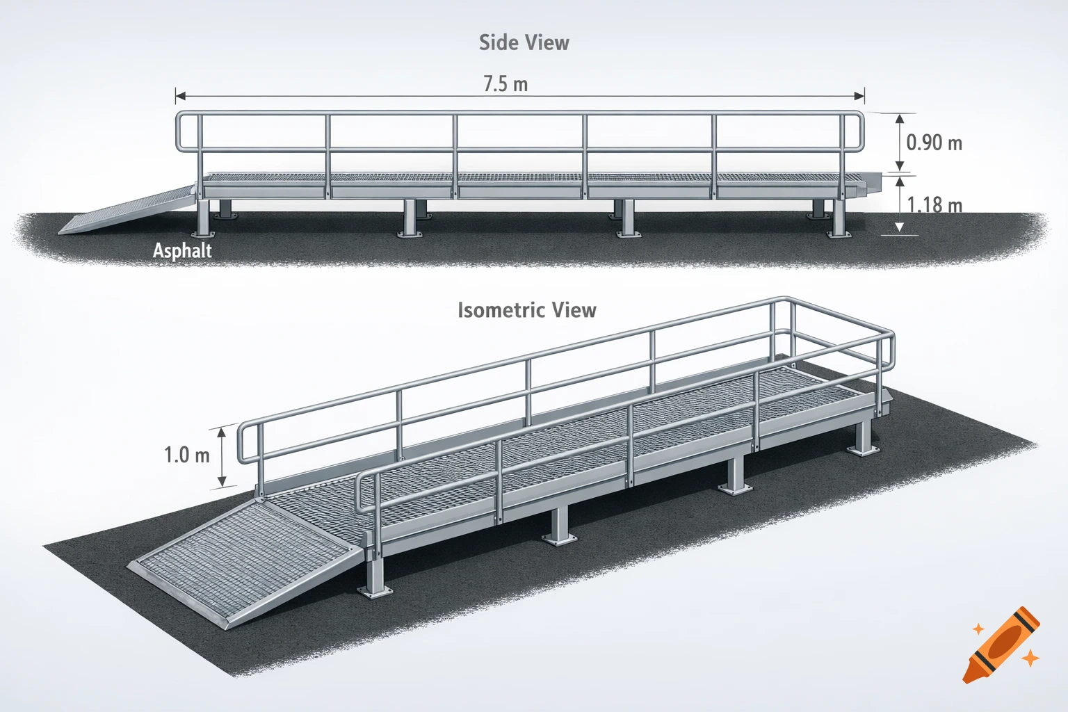 Technical illustration of a grey metal pedestrian walkway with a ramp, shown in side and isometric views with measurements on asphalt.