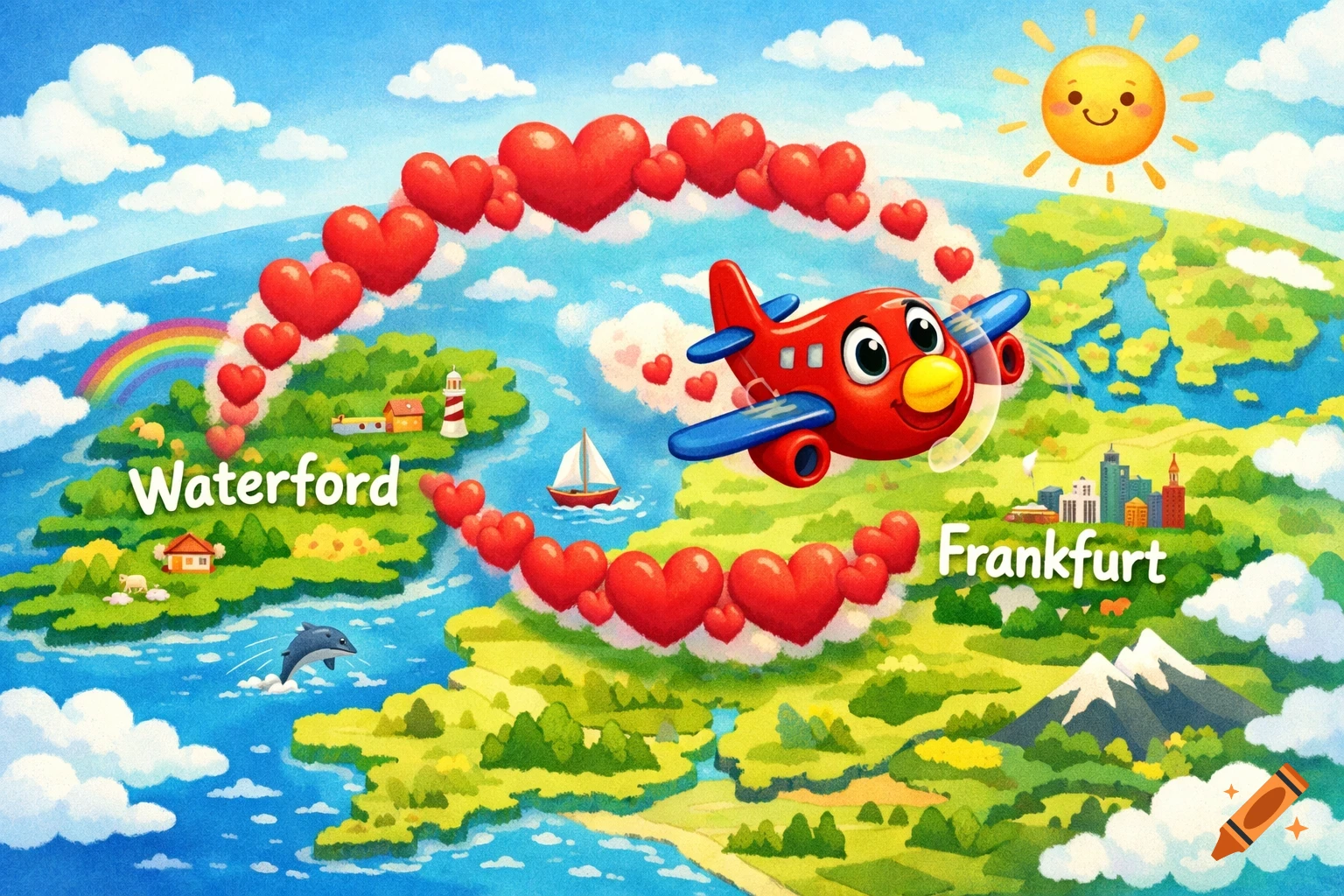 A whimsical cartoon map of Western Europe with a happy red airplane flying from Waterford to Frankfurt, leaving a trail of red hearts.