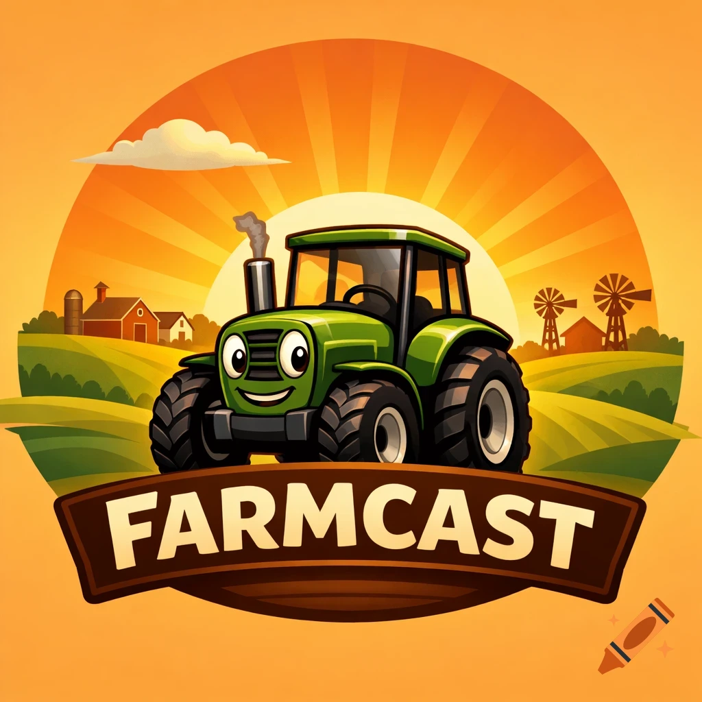 A cartoon green tractor with a smiling face in a farm field under a sunrise, with FARMCAST on a banner.