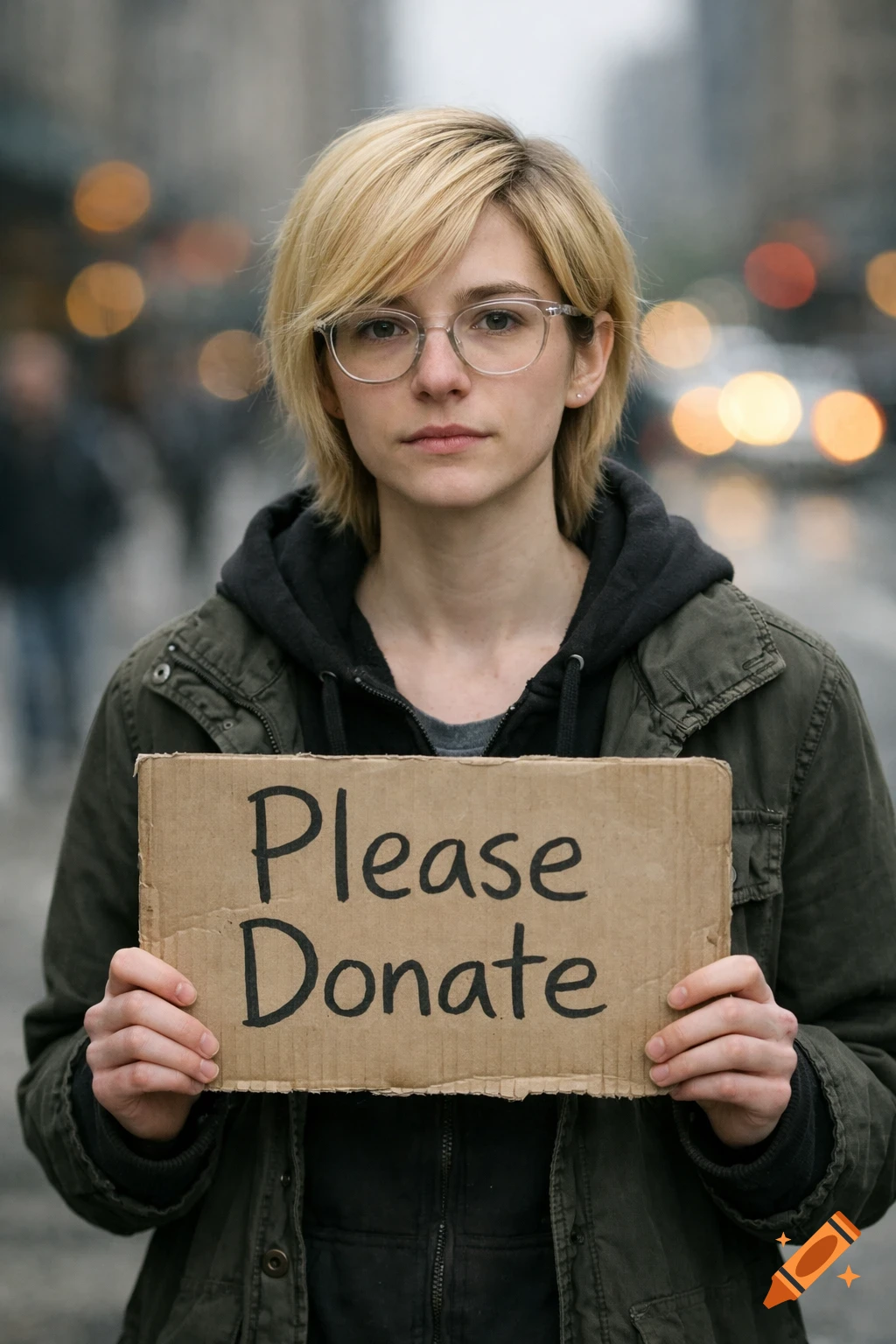 Photorealistic portrait of a young woman with blonde hair and glasses, holding a 'Please Donate' sign on a city street.