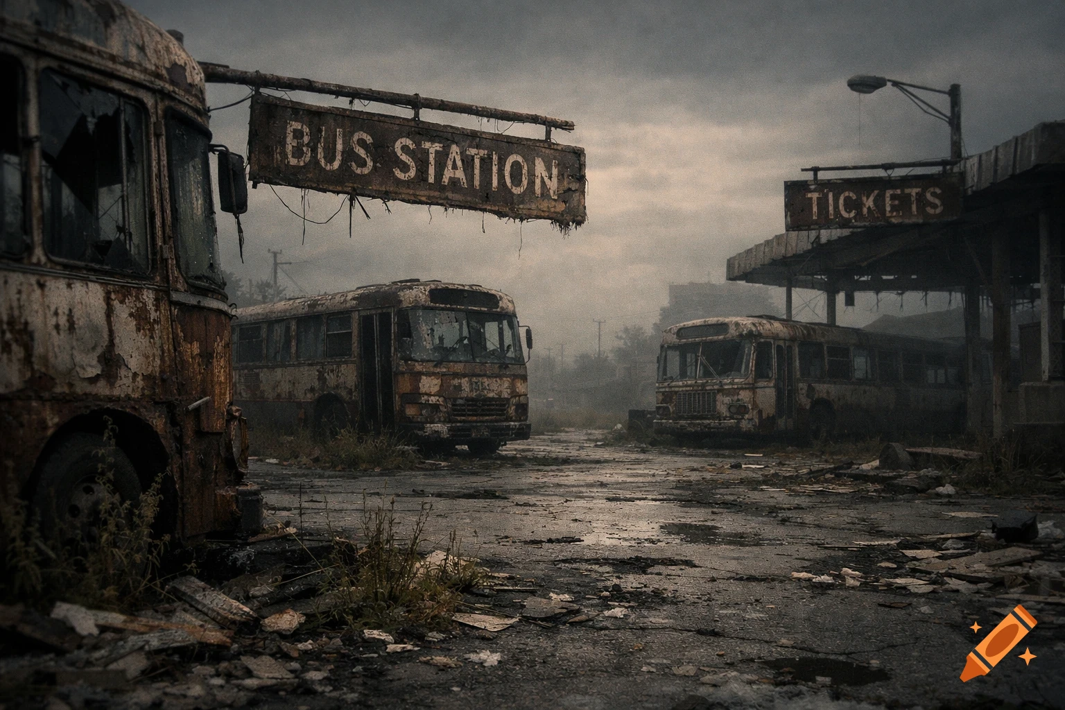 An abandoned, decaying bus station with rusted buses, broken signs reading 'BUS STATION' and 'TICKETS', and overgrown weeds under a gloomy sky, in a cinematic style.