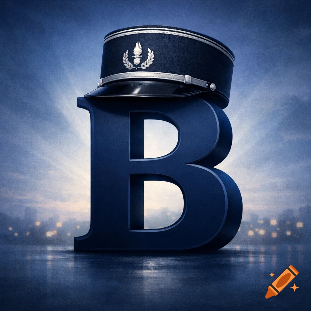 A large, dark blue 3D letter B with a French police kepi on top, set against a dramatic blue sky and blurred cityscape.