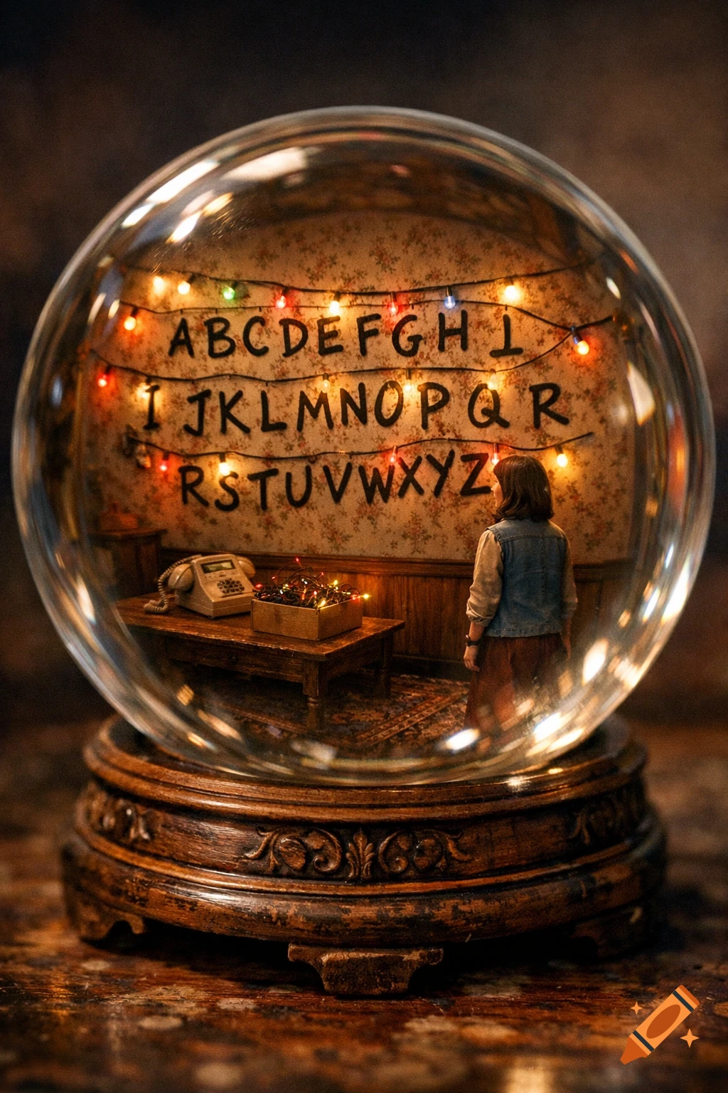 A highly detailed snow globe featuring a miniature 80s living room scene with a woman, an alphabet on the wall with Christmas lights, and a retro phone.