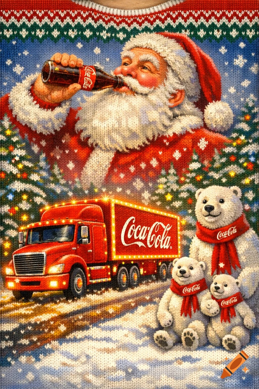 A Christmas sweater design featuring Santa Claus drinking a Coca-Cola, a Coca-Cola truck, and three polar bears wearing Coca-Cola scarves in a snowy scene with pine trees.