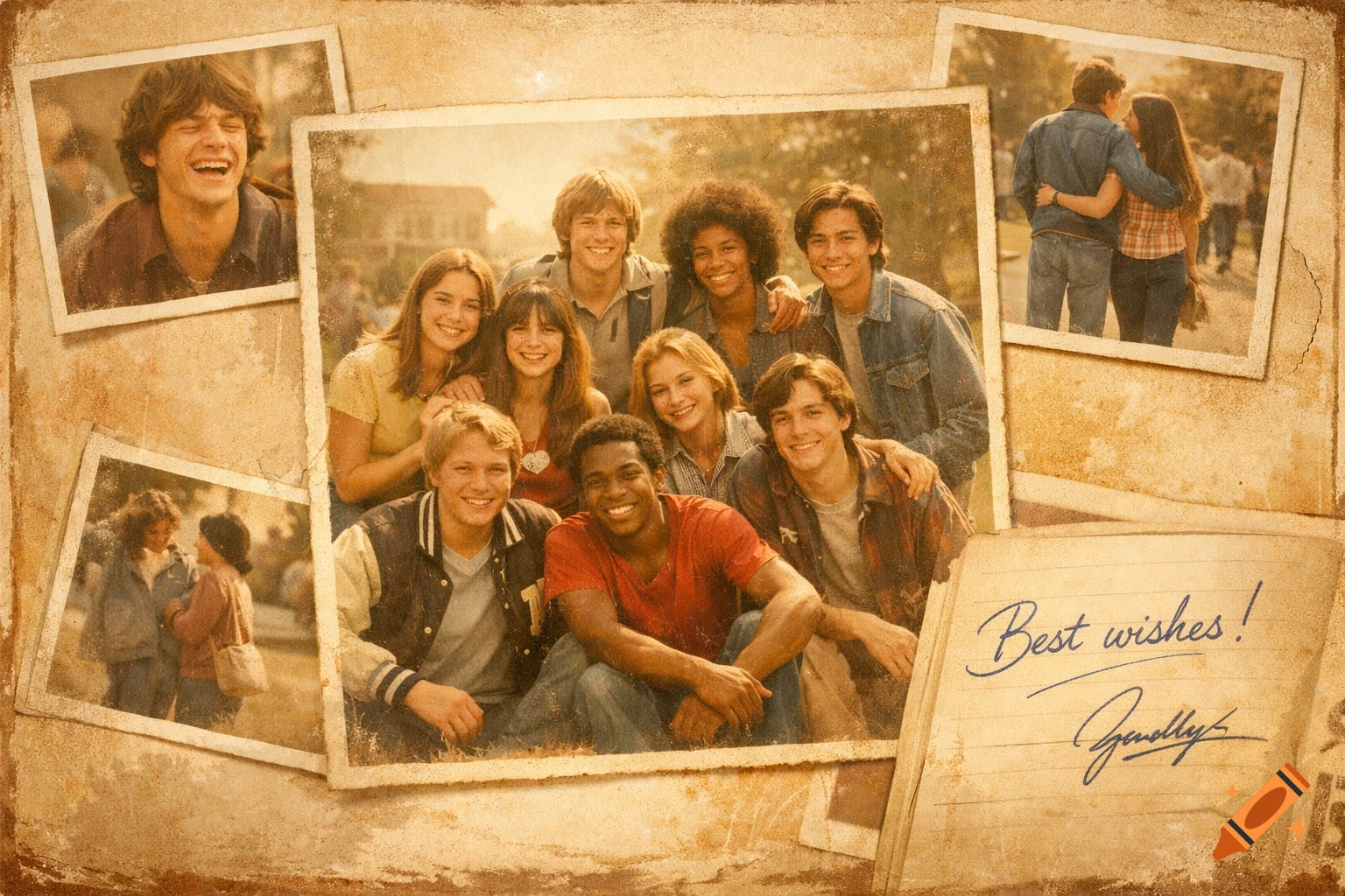 A vintage photo collage showing groups of smiling young adults, some embracing, and a note with "Best wishes!" handwritten on it.
