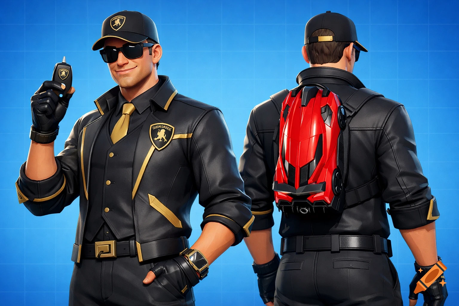 A Fortnite-style character in a black and gold suit with sunglasses, holding a car key. The character also wears a red Lamborghini-inspired backpack.