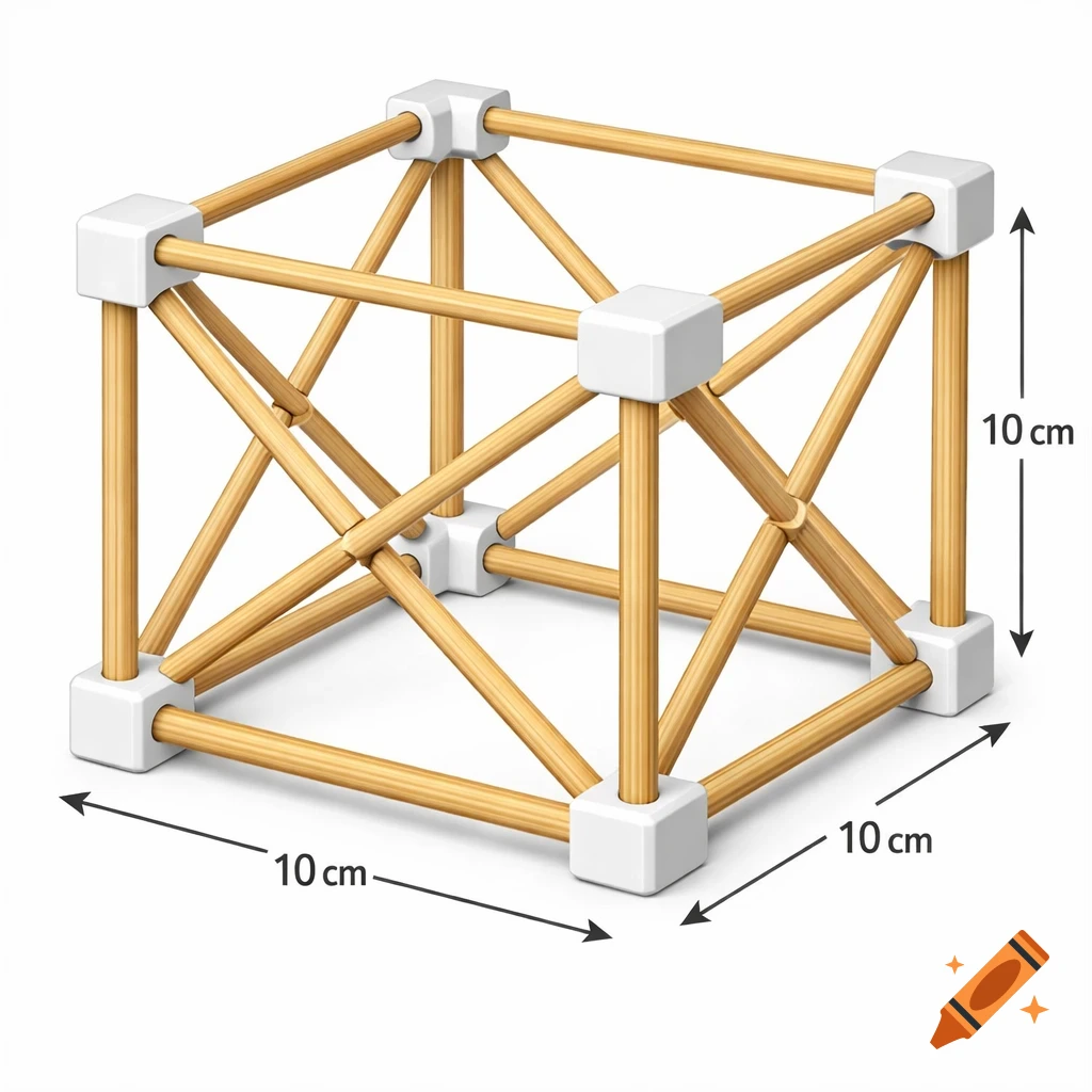 Realistic technical illustration of a 10x10x10 cm cube made from wooden skewers and white connectors, with dimension labels.