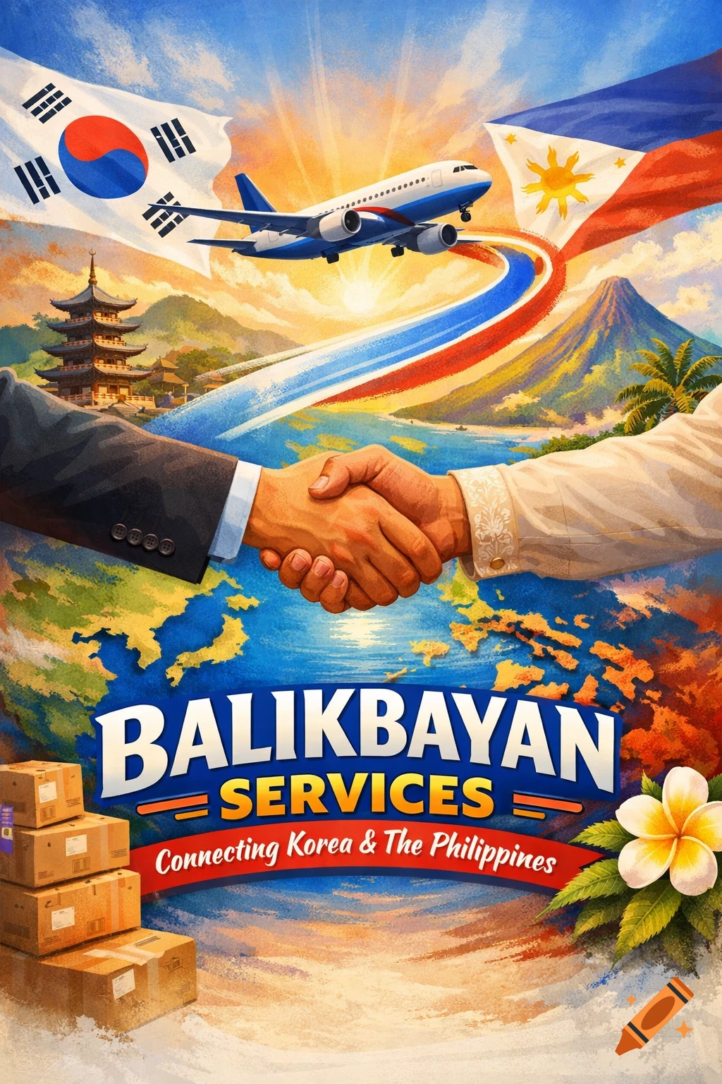 Vibrant promotional poster for Balikbayan services connecting Korea and the Philippines, featuring flags, airplane, handshake, and world map.