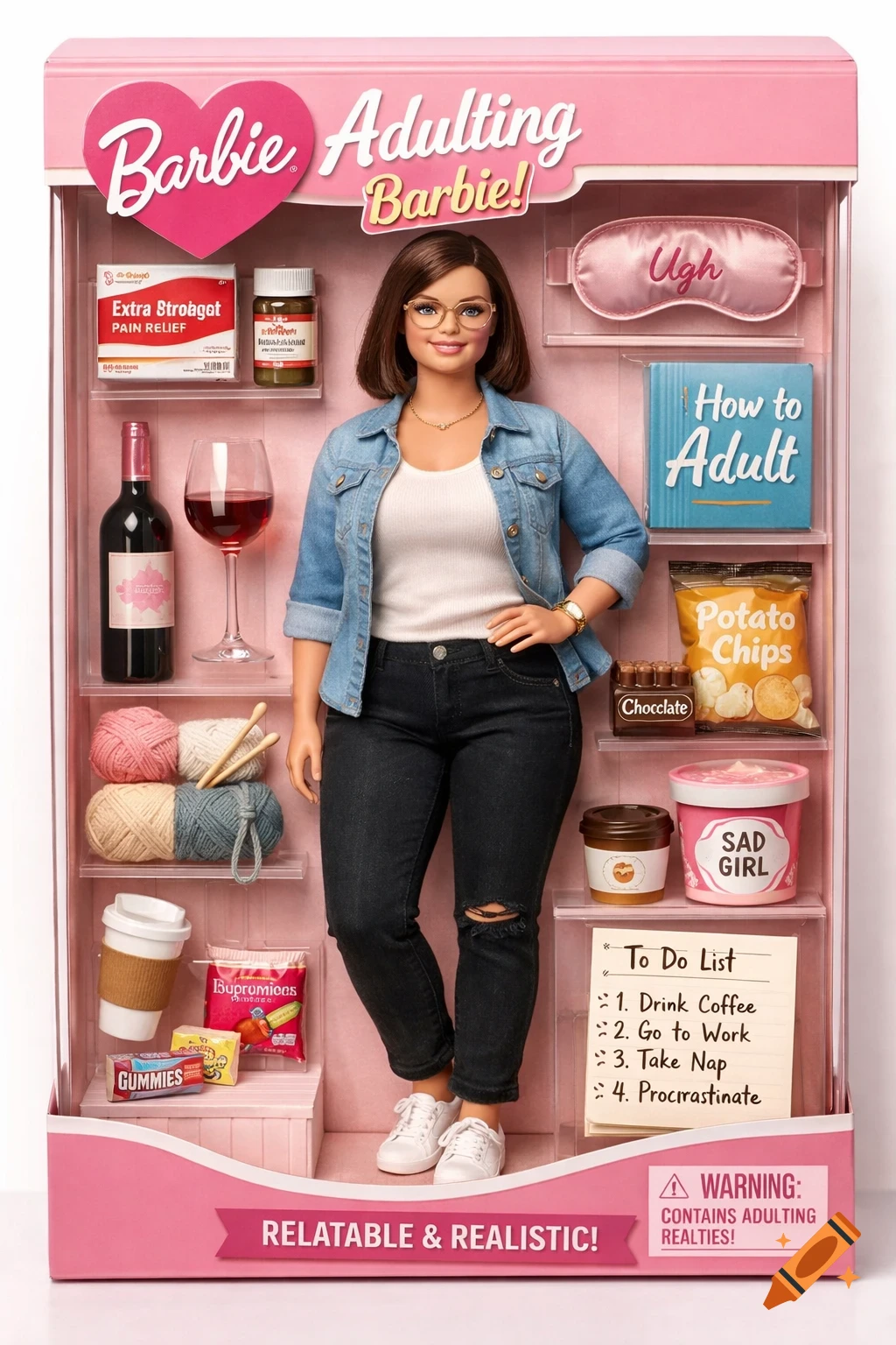 A Barbie "Adulting" doll in its pink box, with accessories like wine, pain relief, potato chips, a sleep mask, and a "To Do List" that says "Procrastinate".