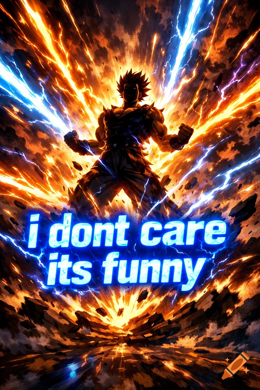 A muscular anime character in Dragon Ball Z style powers up with intense orange and blue energy, text 'i dont care its funny' in glowing blue.