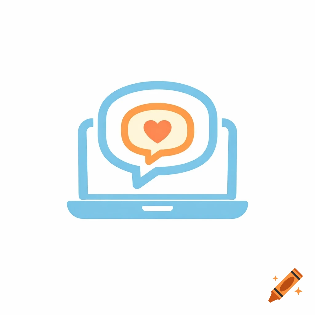 Minimalist logo of a blue laptop with an orange speech bubble containing a red heart.