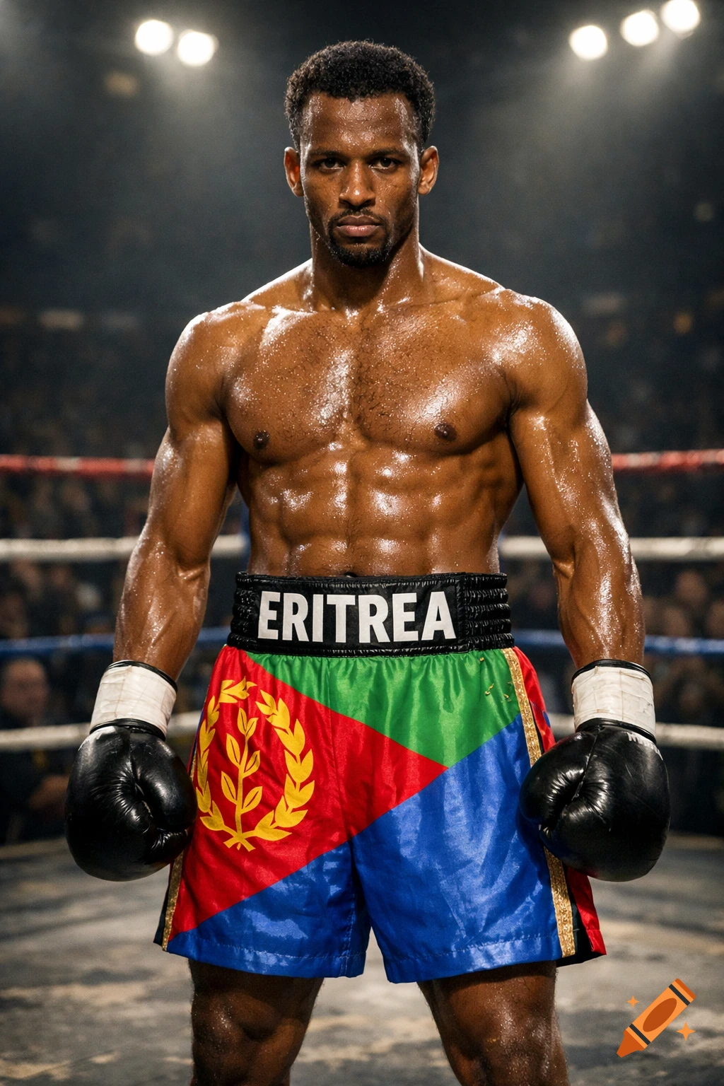 A sweating, muscular boxer wearing Eritrean flag shorts with "ERITREA" on the waistband stands in a boxing ring, looking at the camera. Photorealistic.