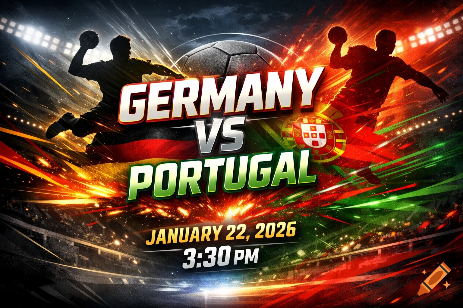 Dynamic sports flyer for a Germany vs Portugal handball match, showing player silhouettes, a ball, date January 22, 2026, and time 3:30 PM.