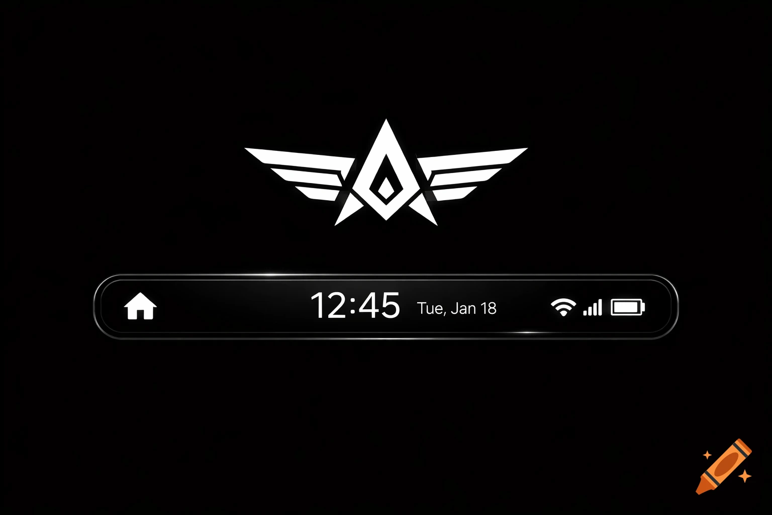 A phone widget on a black background showing a white winged logo, time '12:45 Tue, Jan 18', home icon, Wi-Fi, and battery status.