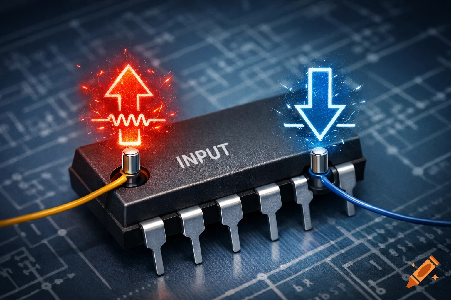 Close-up of a black integrated circuit chip labeled "INPUT," with glowing red pull-up and blue pull-down resistor symbols connected by wires, on a circuit board background.