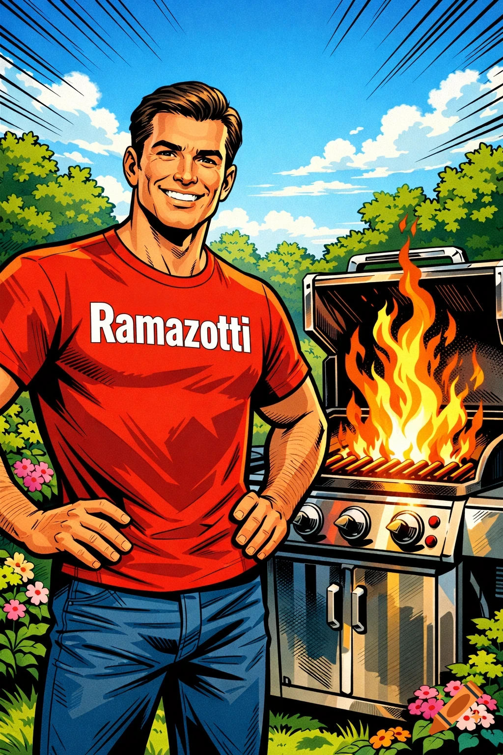 A smiling man in a red 'Ramazotti' t-shirt and jeans stands next to a lit gas grill in a garden, comic art style.