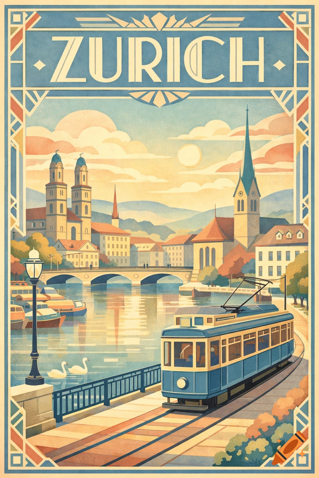 Art Deco style travel poster of Zurich, Switzerland, featuring a tram by the Limmat River with bridges, churches, and city buildings under a pastel sky.
