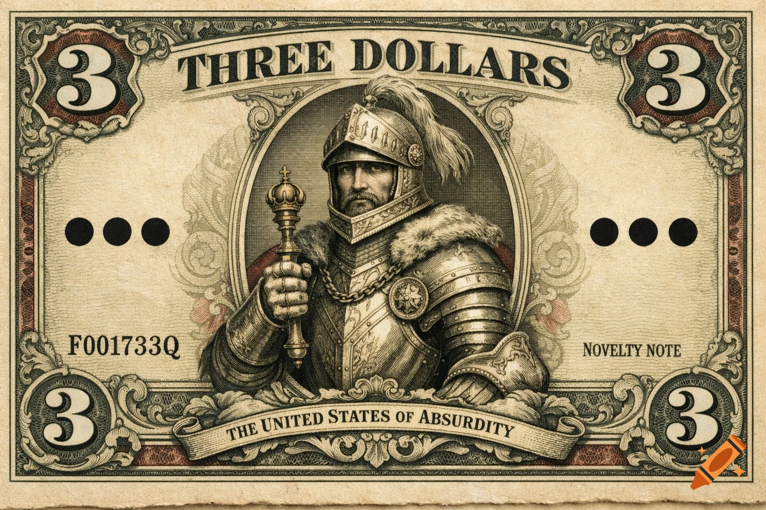 An old-style fake three-dollar bill features a knight in armor holding a scepter, with ornate borders and numerical value '3'.
