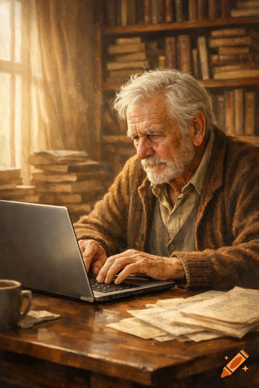 An old man with a white beard works intently on a laptop at a wooden desk, illuminated by soft light from a window, with a bookshelf in the background, in a photorealistic style.