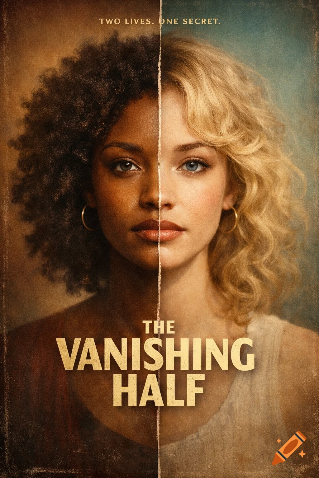 A vintage-style movie poster shows a woman's face split down the middle, one side dark-skinned with dark curly hair, the other light-skinned with blonde wavy hair. Text reads 'TWO LIVES. ONE SECRET.' and 'THE VANISHING HALF'.