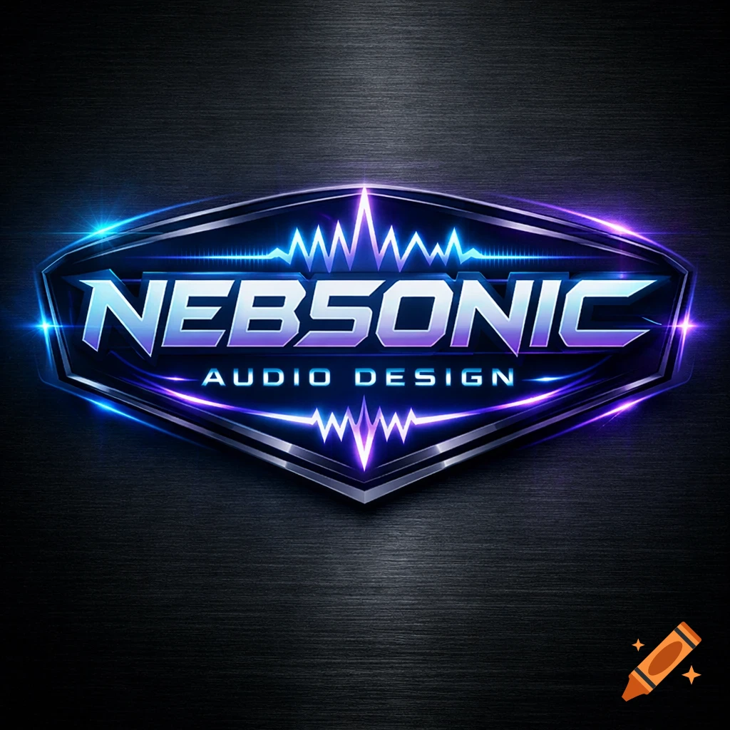 A metallic-looking logo badge with glowing blue and purple accents, featuring the text "NEBSONIC AUDIO DESIGN" and sound wave graphics.