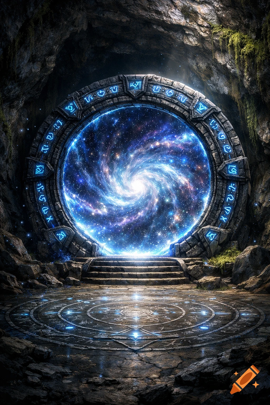 An ancient stone stargate with glowing blue dwarven runes stands in a dark cave, revealing a swirling galaxy portal.