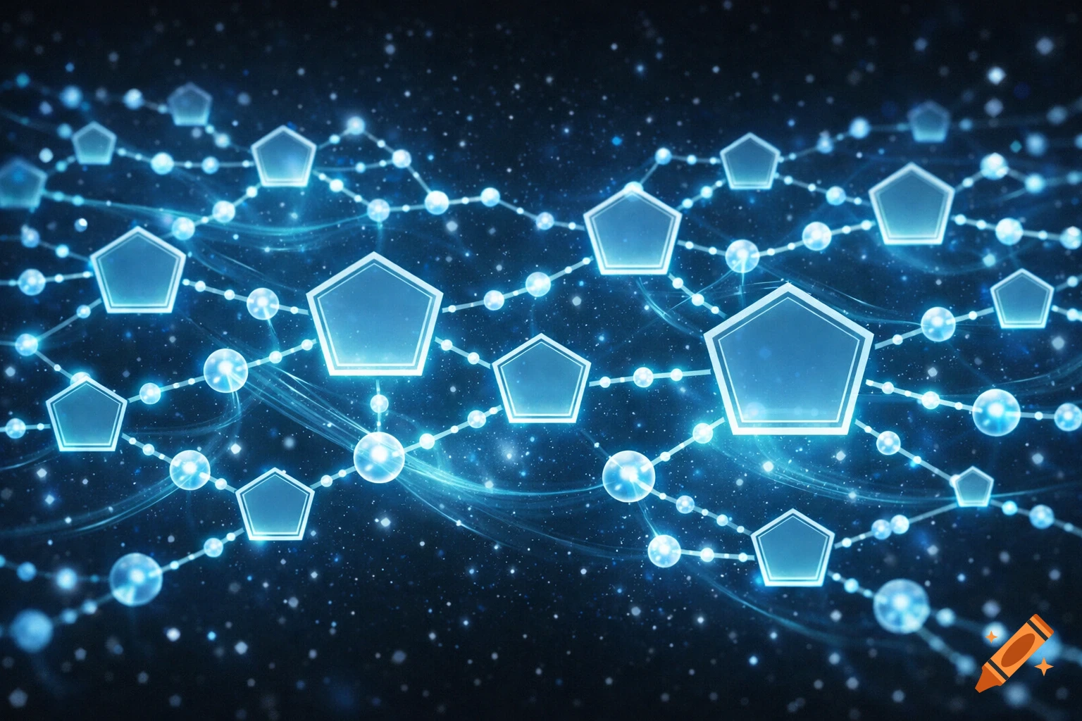 Abstract glowing blue network of interconnected pentagons and spheres on a dark, star-like background.