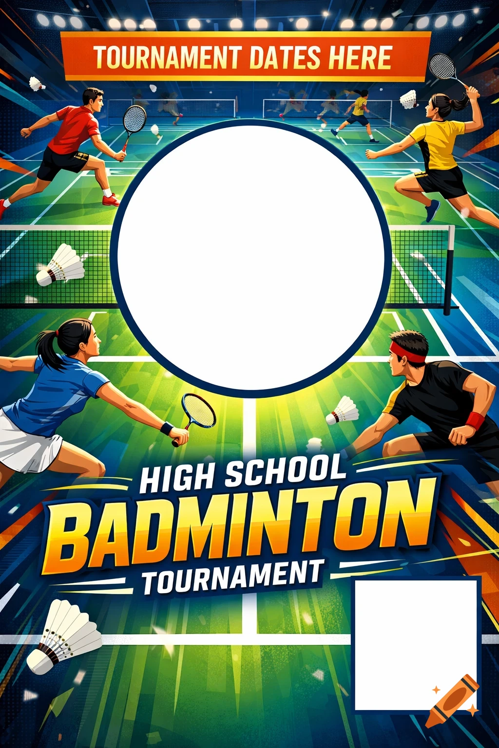 Vibrant, stylized badminton tournament poster with players on a court, shuttlecocks, and rackets. Features empty spaces for logo and QR code, and text 'High School Badminton Tournament'.