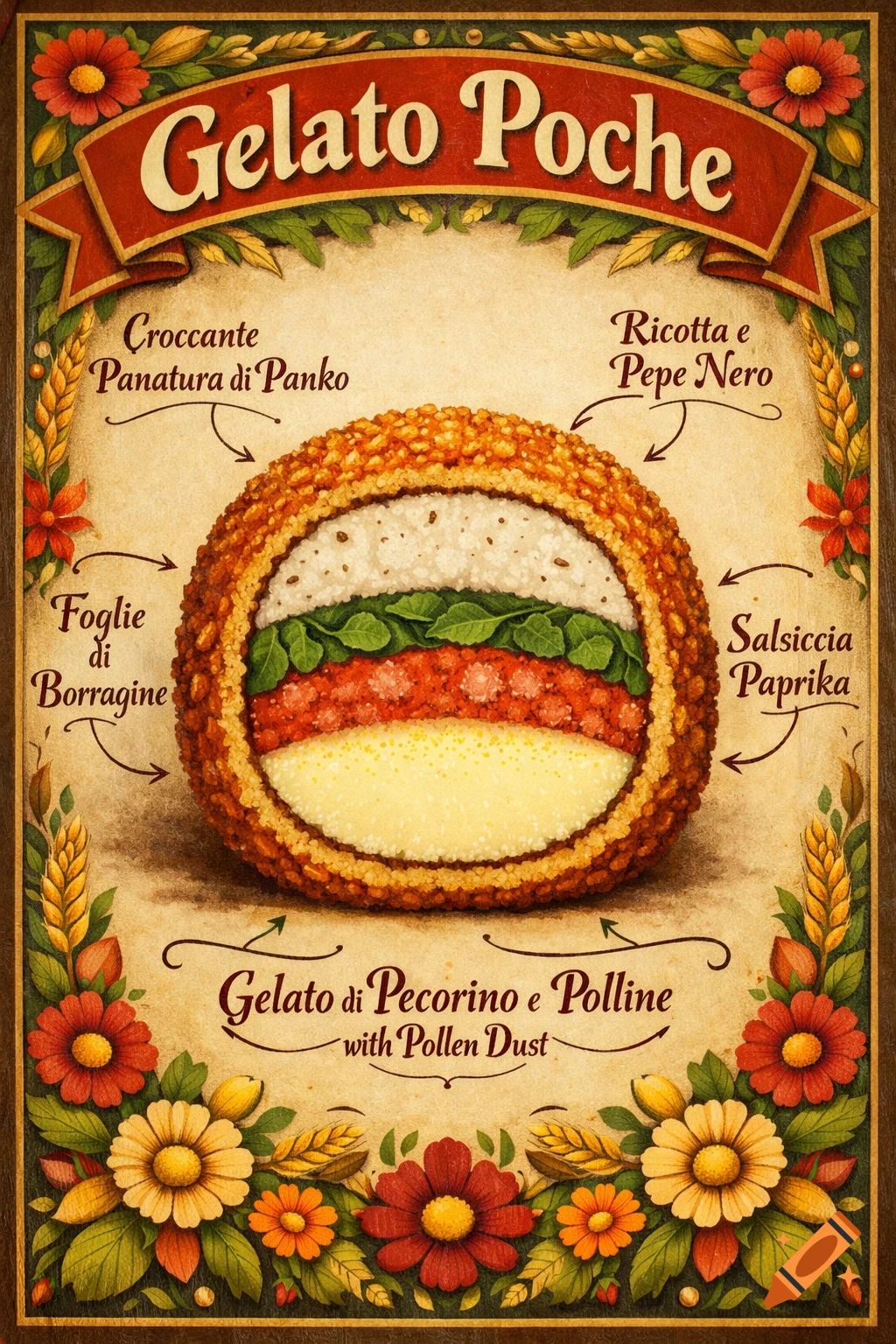 An Italian folk art style poster showing a cross-section of a fried arancini-like dish with various layered ingredients and text labels.