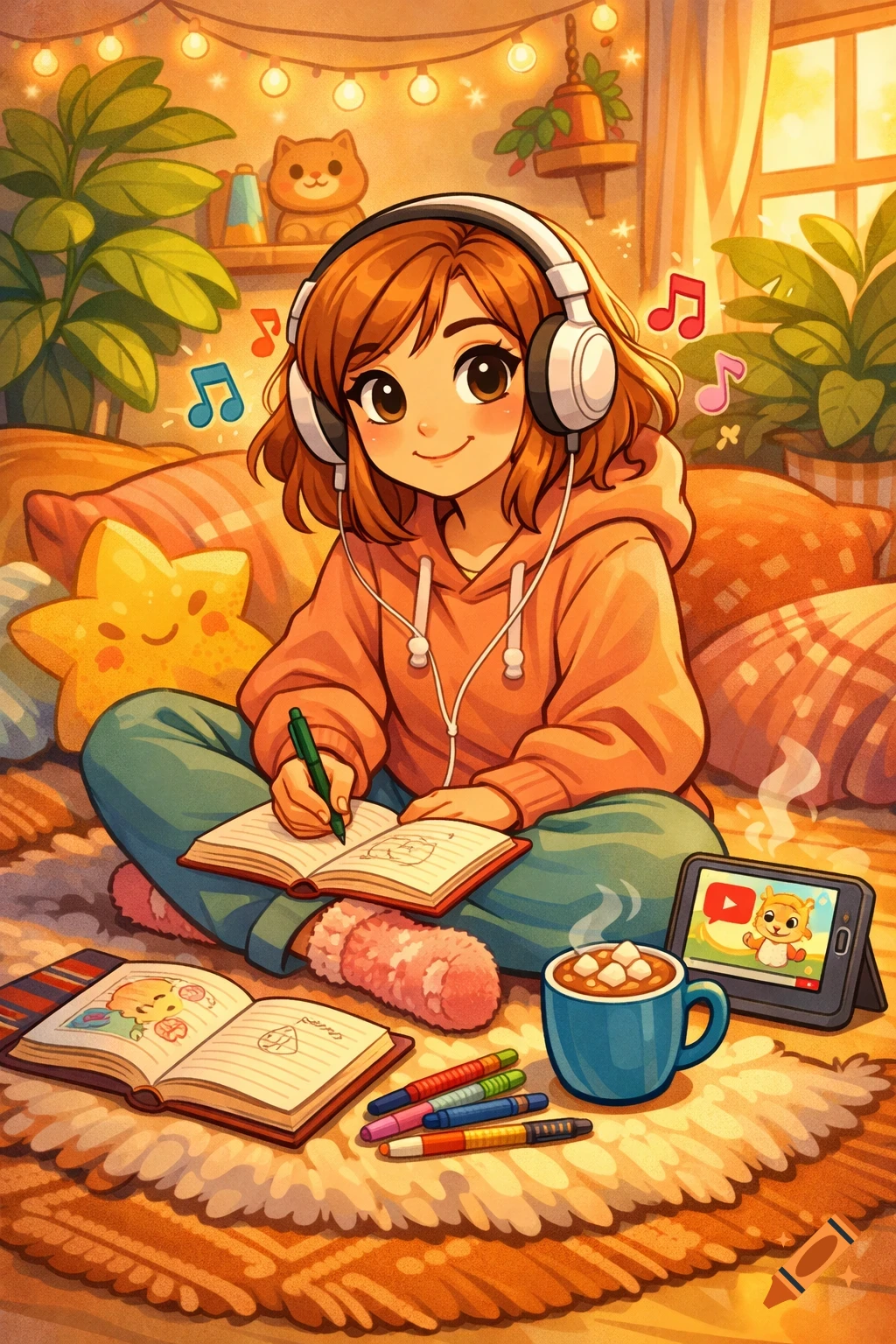 A smiling cartoon girl in headphones draws in a notebook while sitting cozily with hot cocoa and a tablet.