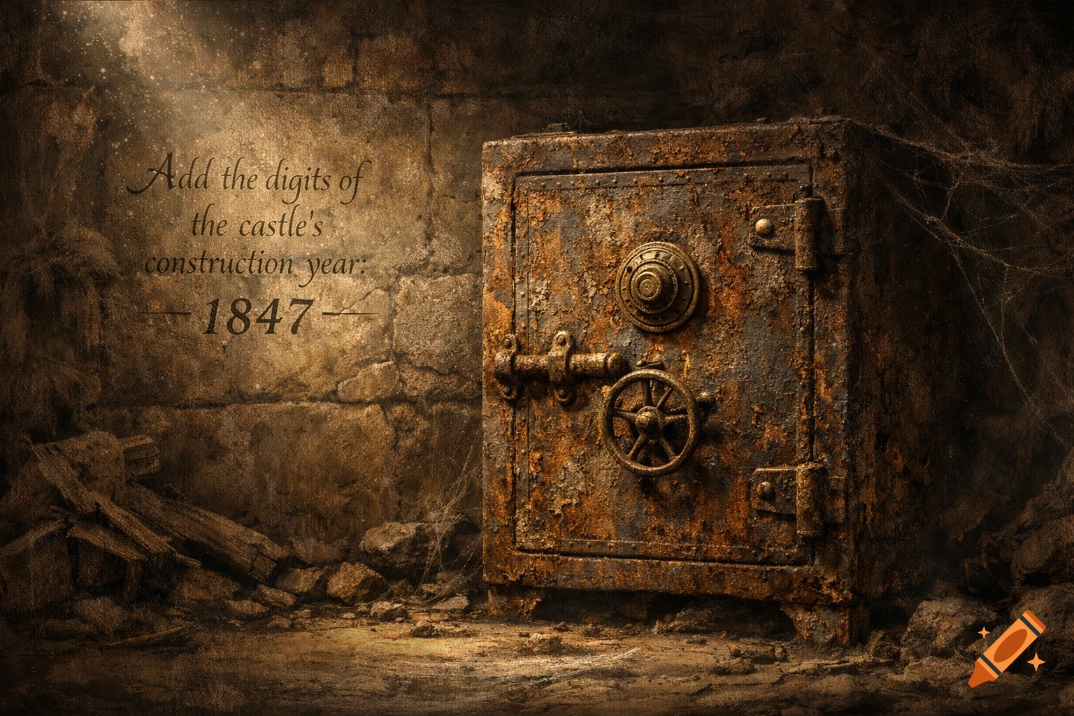 A rusty old safe stands in a dusty, dimly lit stone room. A riddle on the wall reads "Add the digits of the castle's construction year: 1847".