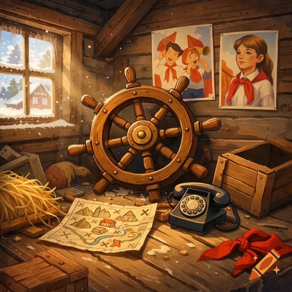 A stylized, cozy attic room in winter with a ship's wheel, a homemade map, an old telephone, posters of children, hay, and wooden crates.