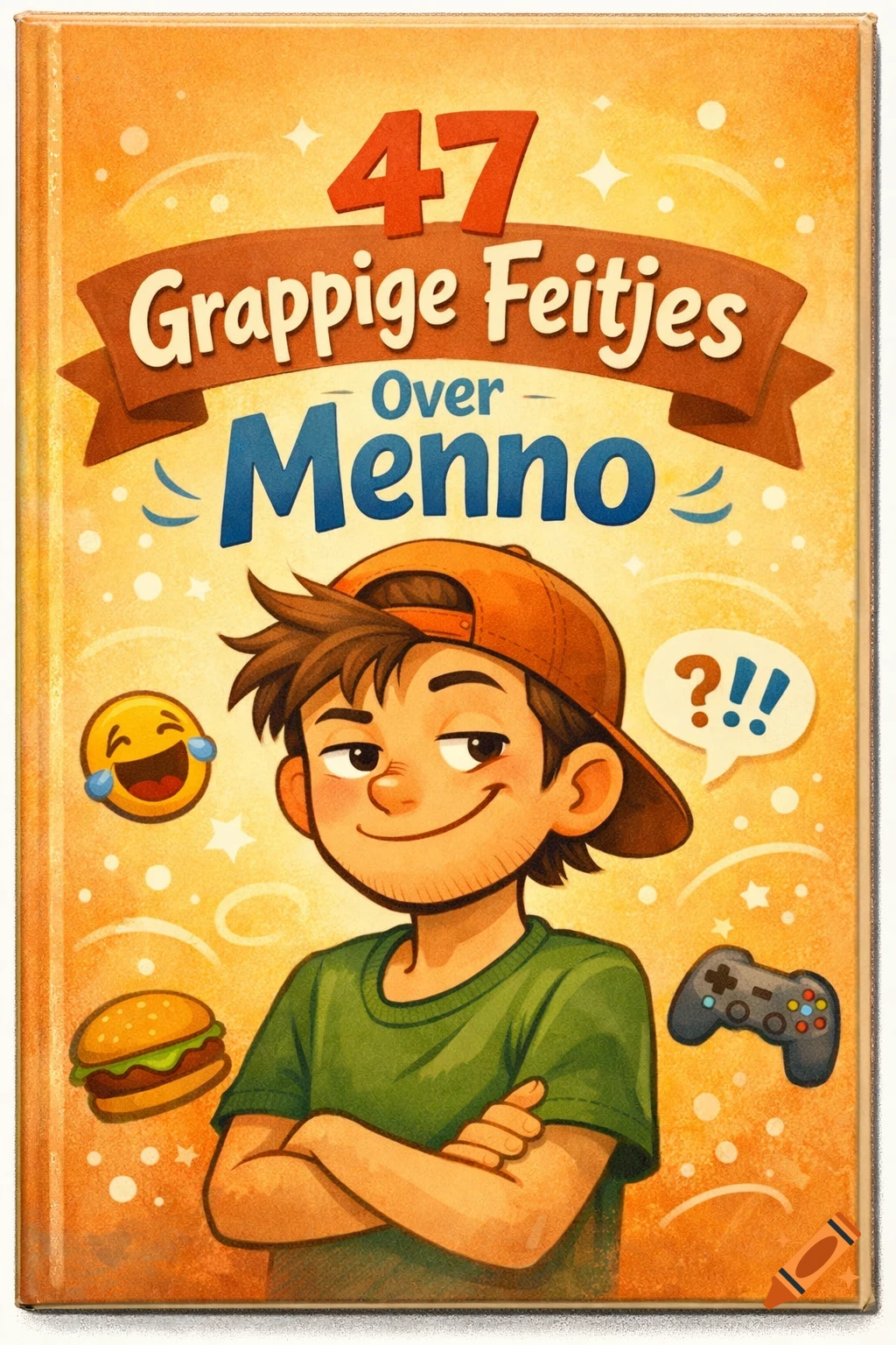 Cartoon book cover for '47 Grappige Feitjes Over Menno' with a smiling boy in a cap, hamburger, game controller, and emojis.