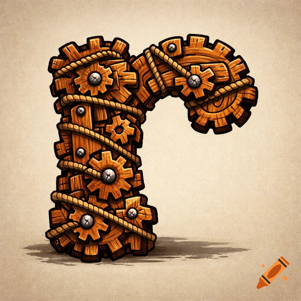 A stylized lowercase letter r made of wooden gears and ropes, in a cartoon steampunk style on a neutral background.