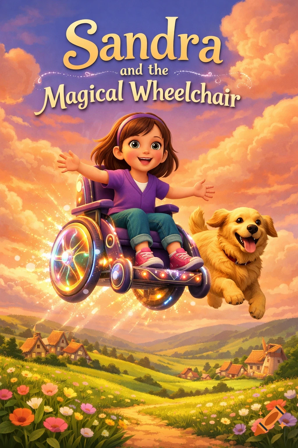 A cheerful cartoon girl in a glowing, flying wheelchair with a golden retriever over a vibrant, flower-filled countryside at sunset.
