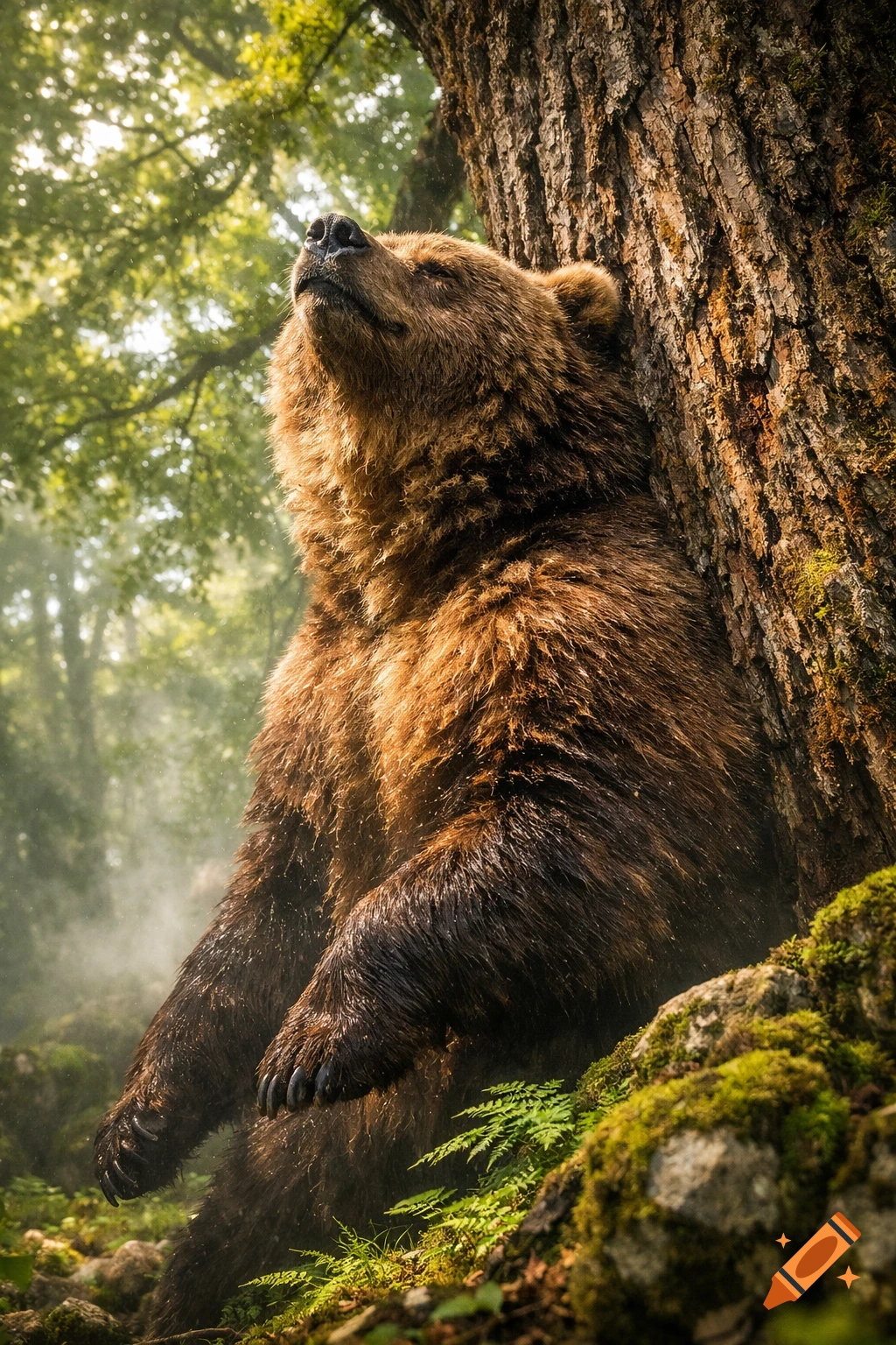 A large brown bear leans against a mossy tree trunk in a misty, sunlit forest, looking up with closed eyes.