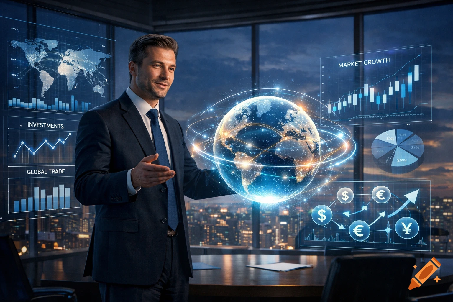 A businessman in a suit gestures towards a holographic globe and financial charts in a modern office overlooking a city at night.