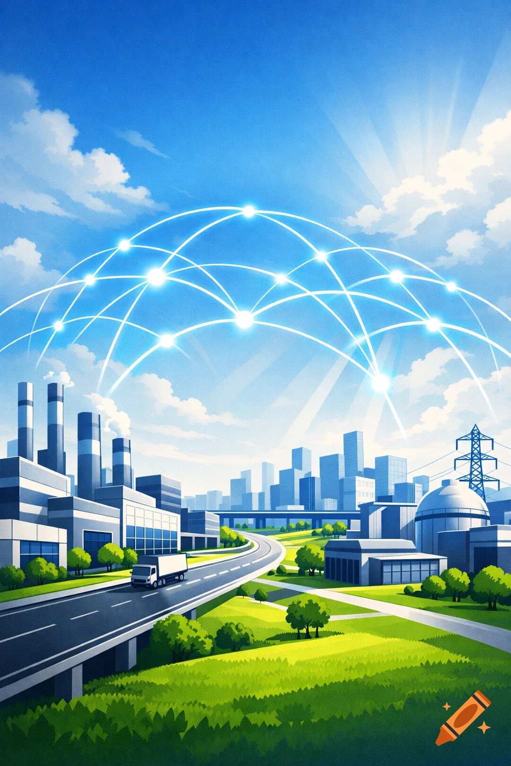 A bright, stylized illustration of a modern city and industrial area connected by an abstract glowing network under a blue sky.