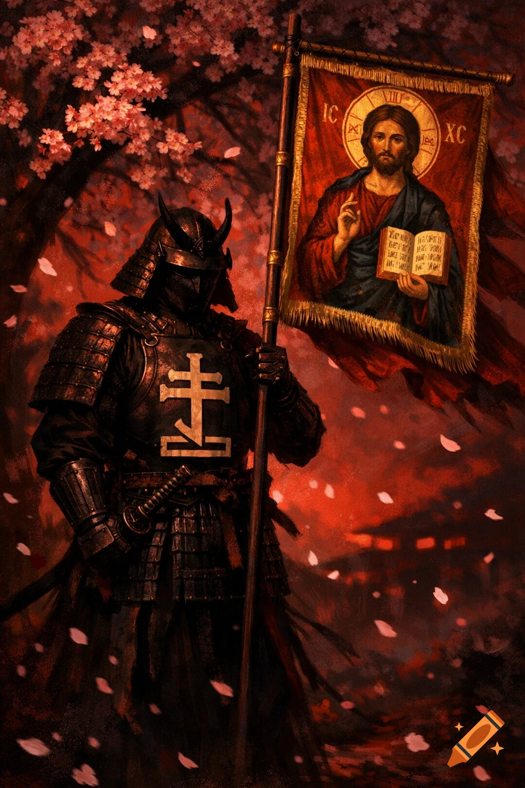 A dark, armored samurai stands under a sakura tree, holding a pole with a red banner depicting an icon of Jesus Christ. Cherry blossoms fall around them against a red and black background.