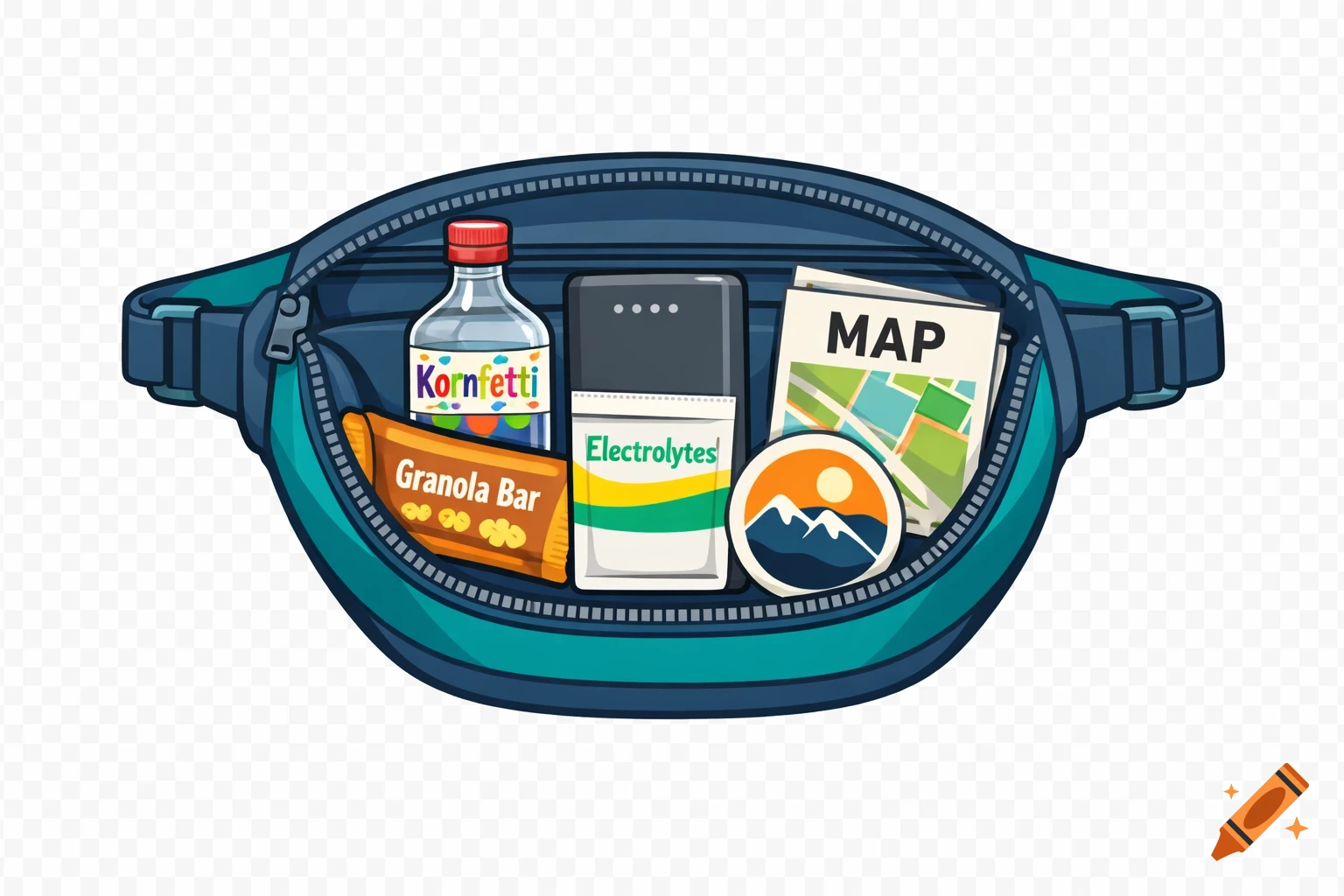 Clipart illustration of an open fanny pack containing a 'Kornfetti' bottle, granola bar, electrolytes, power bank, sticker, and map.