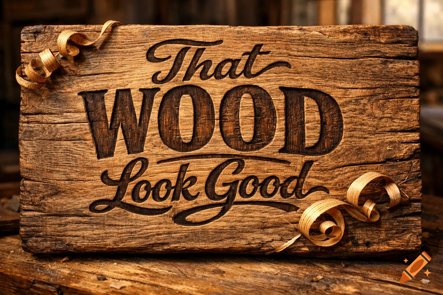 A rustic, dark wooden sign with the carved text "That WOOD Look Good", surrounded by curled wood shavings, on a wooden surface.