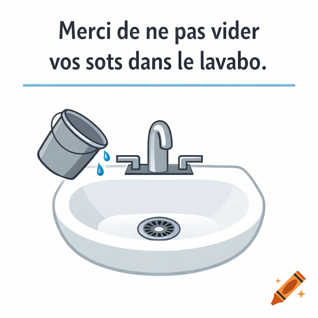 Vector illustration of a bucket pouring water into a sink, with French text 'Merci de ne pas vider vos sots dans le lavabo' above it.