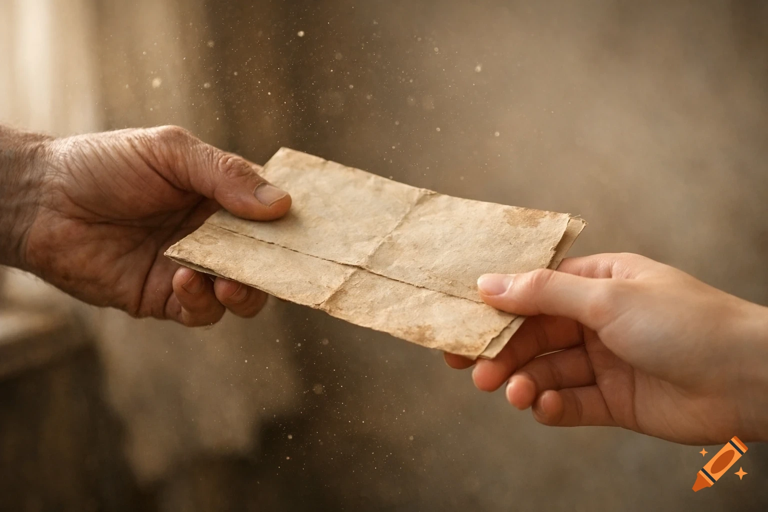 Close-up of a weathered hand passing an aged, folded paper to a smoother hand, with dust in the air, photorealistic.