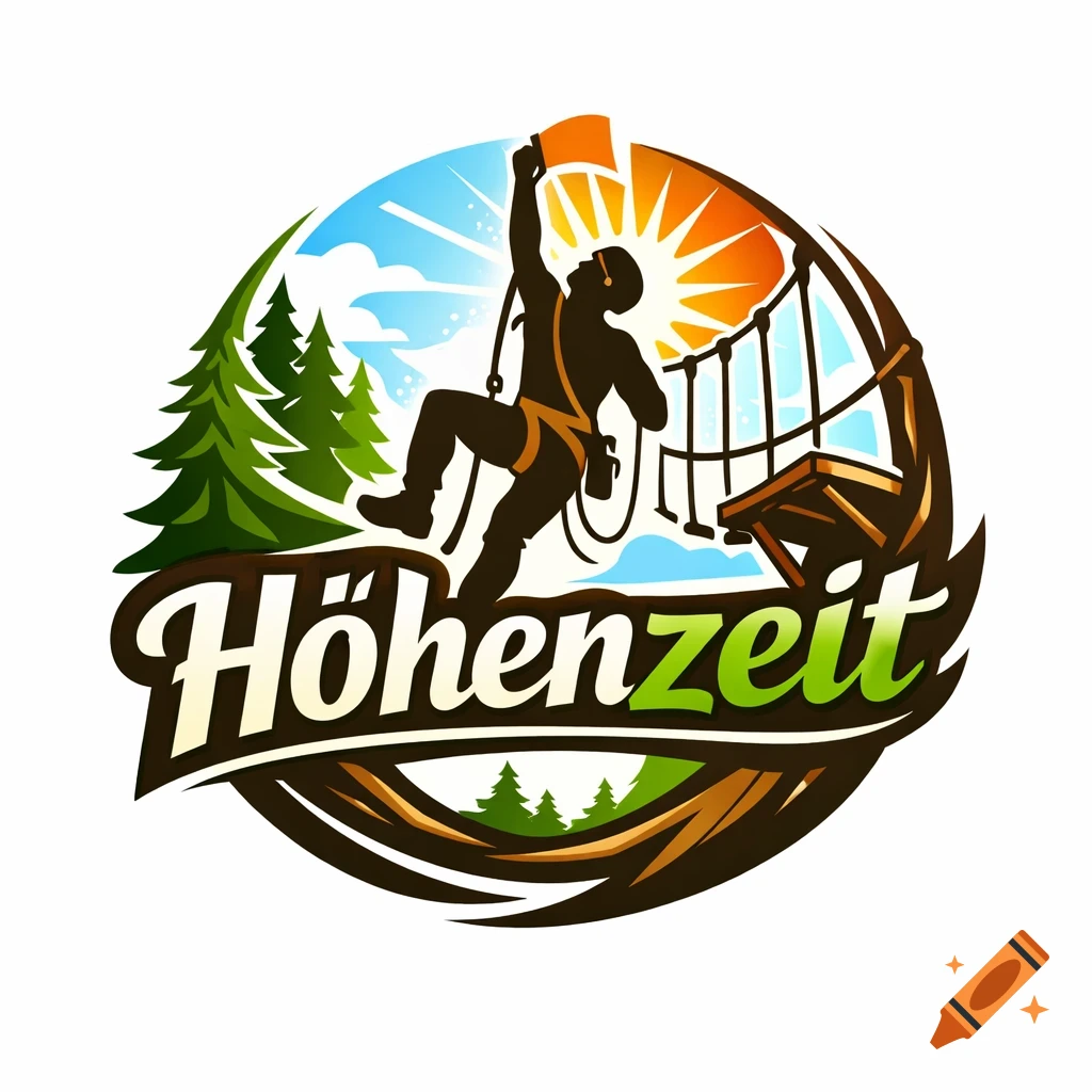 A stylized logo for 'Höhenzeit' adventure park, featuring a person climbing a rope bridge, sun, and trees.
